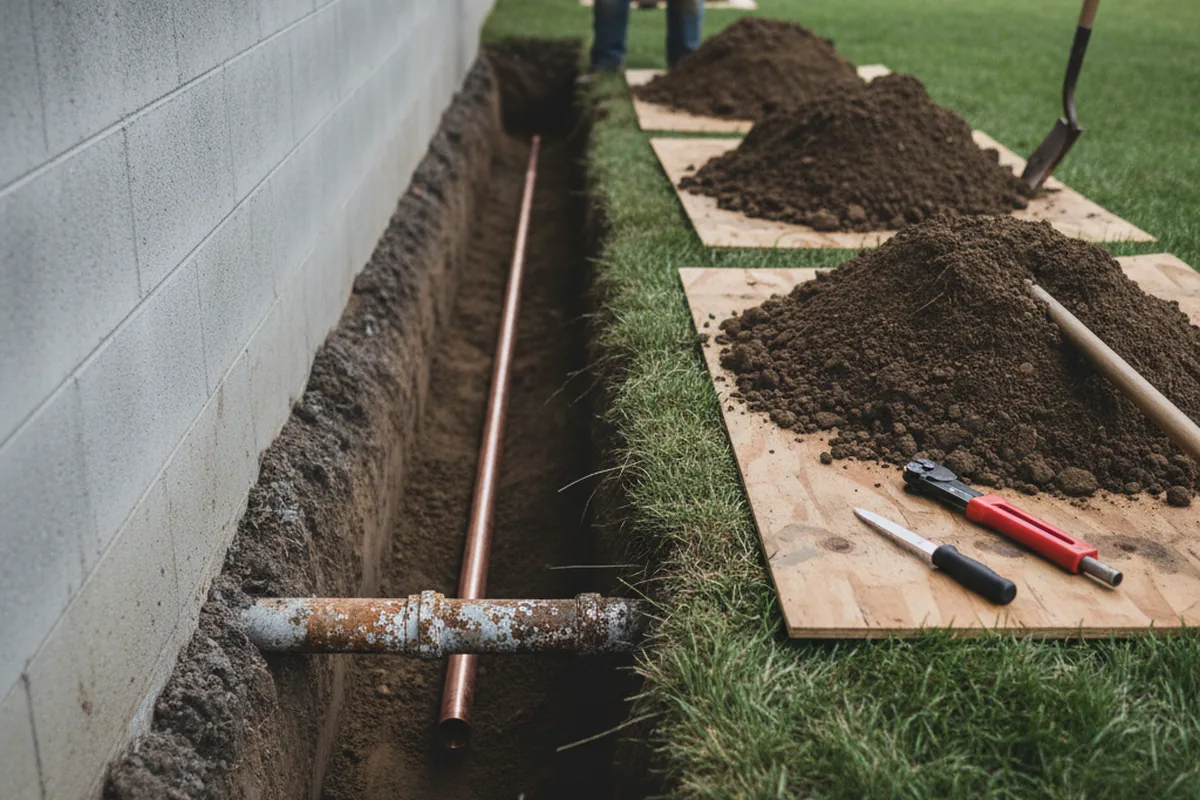 Excavated water line trench during Water Softener Installation in Watkins